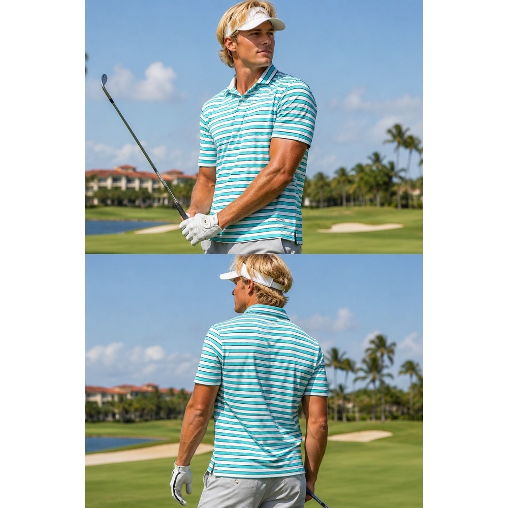 RLX Ralph Lauren Polo Shirt Mens Large‎ Blue White Striped Golf Performance...